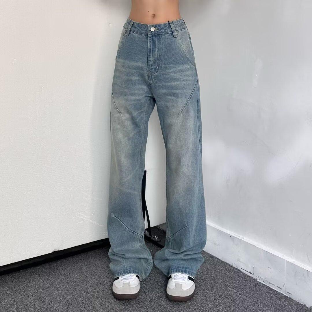 

Осень и зима Новые американские джинсы High Street Washed Light Color для мужчин и женщин Прямые слегка расклешенные свободные широкие брюки 3XL синий