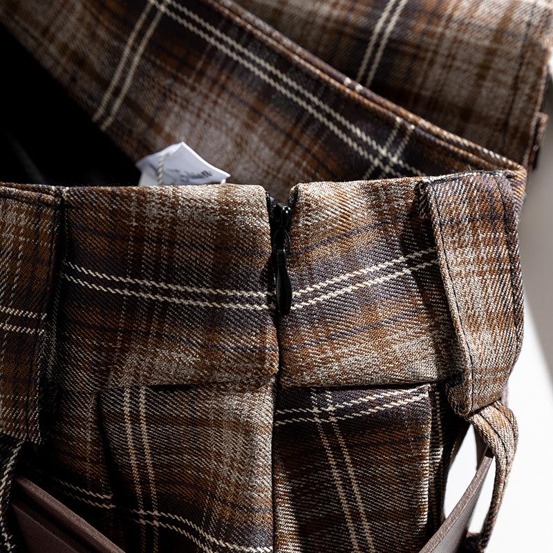 Retro Plaid Pleated Skirt for Women's Autumn High Waist and Thin Polished A-word Skirt, Anti-light Spice Girl Miniskirt