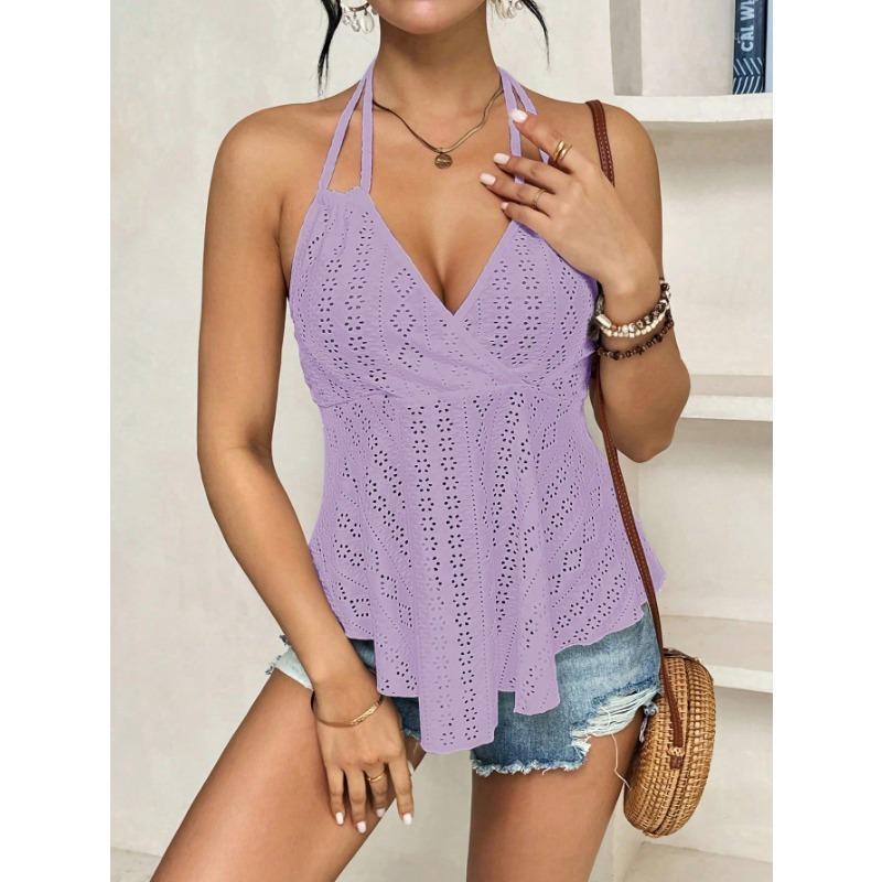 Womens V Neck Wrap Tank Top With Eyelet Embroidery Spaghetti Strap Casual Peplum Sleeveless Blouse