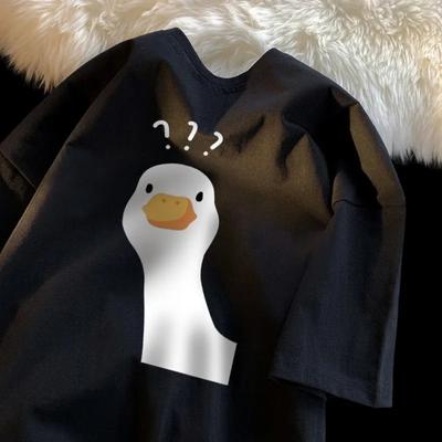 Cartoon-Enten-Print mit Fragezeichen Sommer Baumwolle Kurzarm-T-Shirt Damen Ins-Trend 2024 Neues Lockeres Vielseitiges Retro-Oberteil