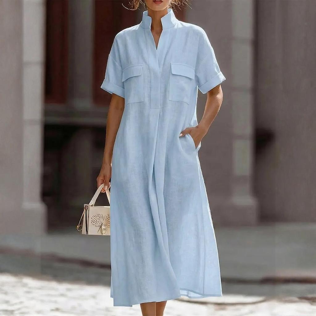Women's Casual Short-Sleeved Multi-Colored Pocket Loose Casual Dress