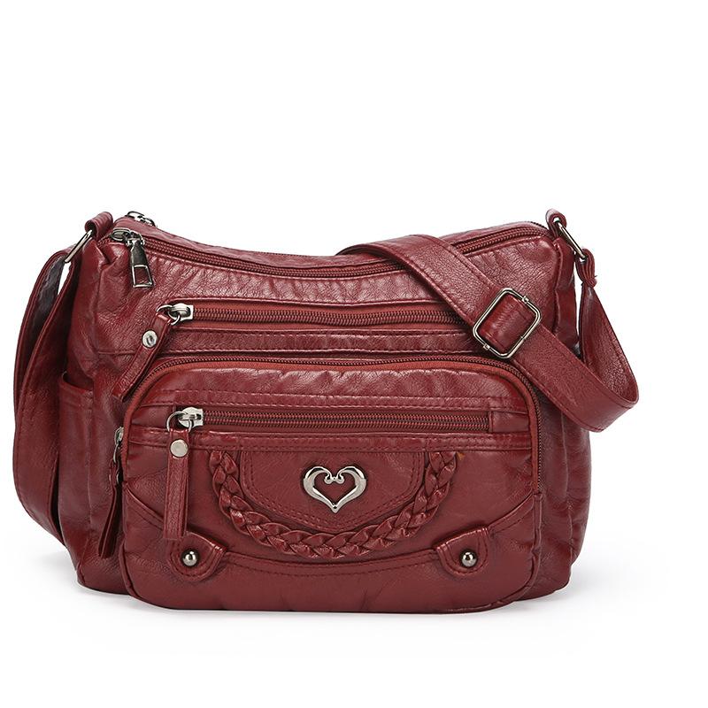Vintage Crossbody Bag in Brown with Heart Accent - Adjustable Strap Multiple Zipper Pockets Small Crossbody Bag