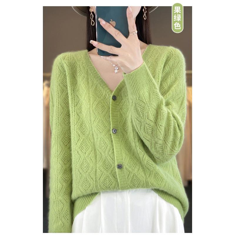 Women S V Neck Loose Short Wool Knit Cardigan Solid Color Long Sleeve Autumn Winter