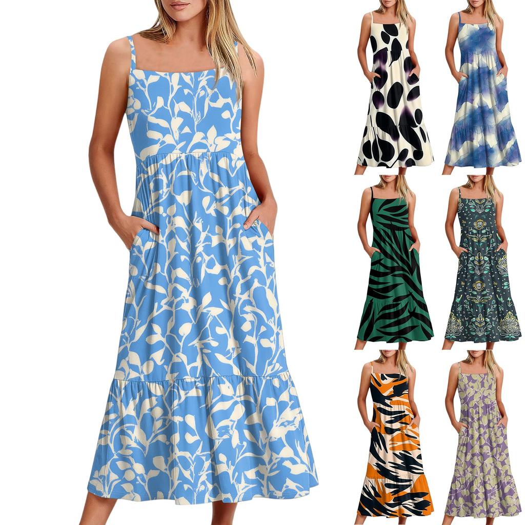 Women's Long Beach Casual Elegant Spaghetti Strap Maxi Dress Stitching Low-key Flowing Bohemian Dress