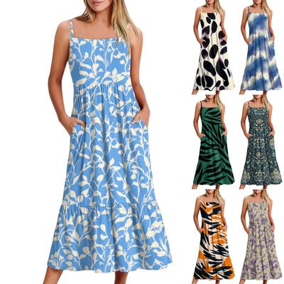 Women's Long Beach Casual Elegant Spaghetti Strap Maxi Dress Stitching Low-key Flowing Bohemian Dress