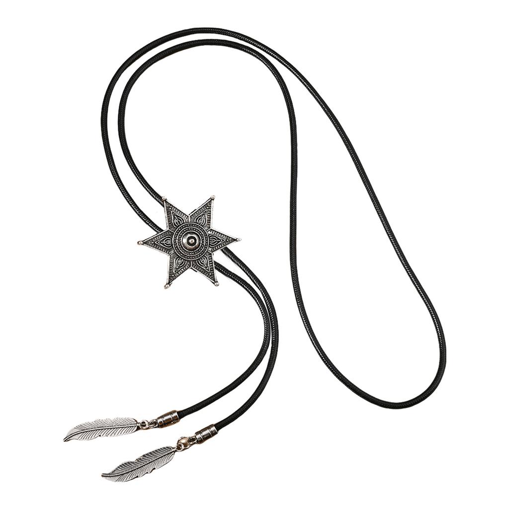 Mens Women Leather Rope Bolo Tie Vintage Turquoises Stone Jewelry Cowboy Necktie Western Necklace with Feather Pendant