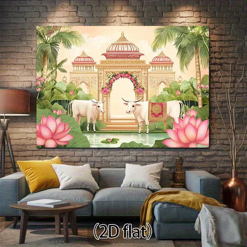 2D Traditional Pichwai Backdrop, Cow Temple Background for Indian Wedding Photoshoot