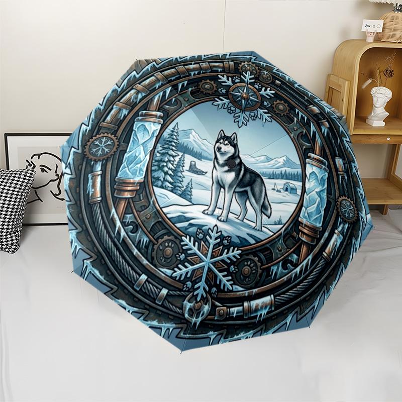 Winter Wolf Portal pattern umbrella, portable and foldable design, 8 ribs, a casual accessory for Halloween, Christmas, and birthday gifts.