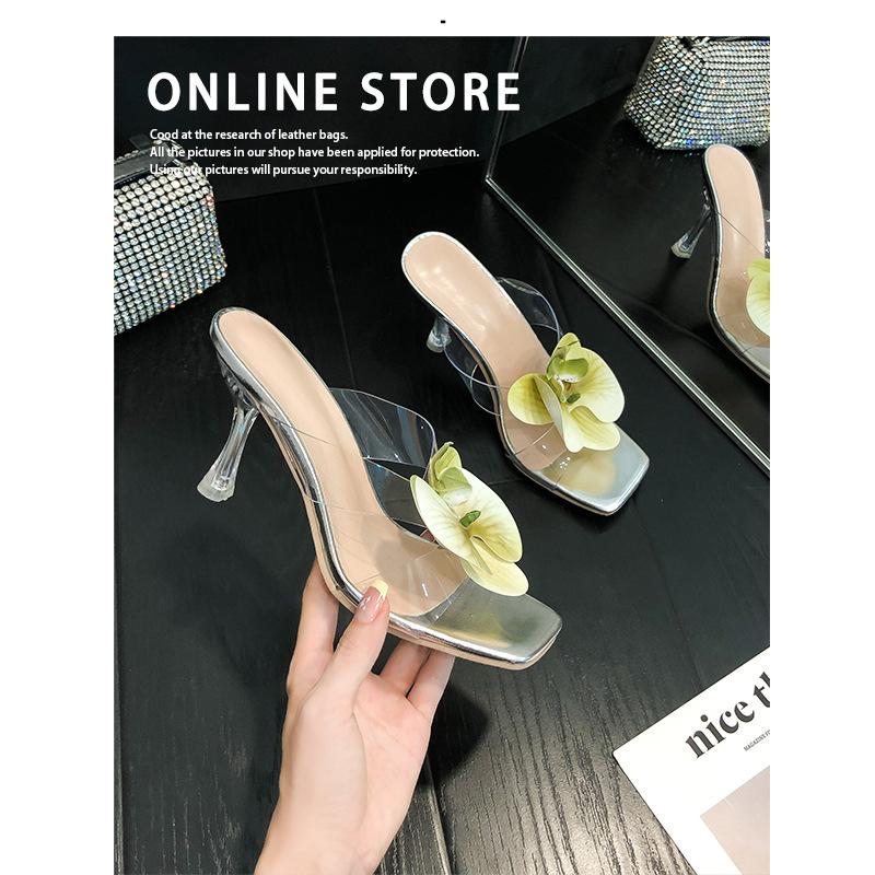 Transparent one-word cool slippers women's spring and summer new square head thick heel high heel sandals lis slipper