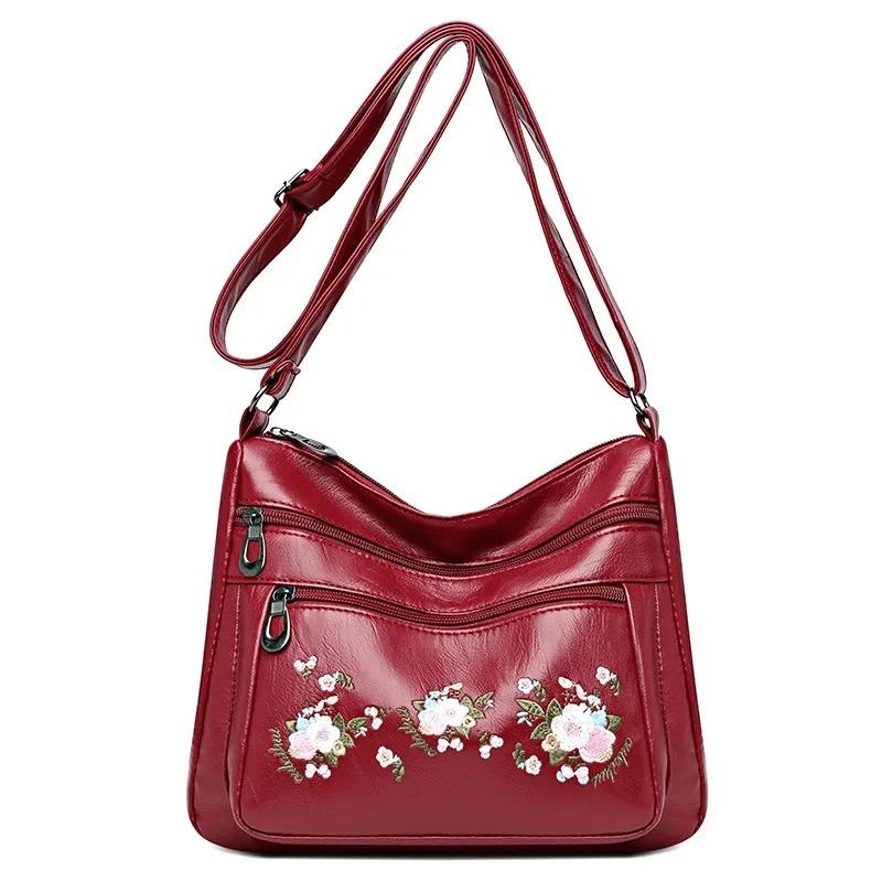 Fashion PU Leather Luxury Multi-pocket Handbags High Quality Women's Bag Flower Embroidery Design Ladies Crossbody Shoulder Bags