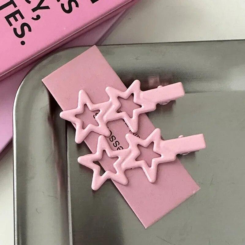 2pcs Sweet Cute Star Hair Side Clip Broken Hair Fixed Clip Bangs Clip Colorful Metal Pentagram Duckbill Clip Hair Accessories