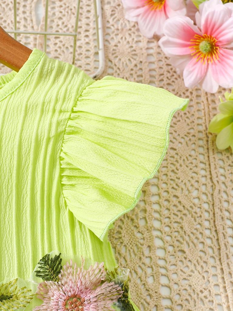 European-American Style Summer Girl's Floral Embroidery Sleeveless Top & Shorts Set