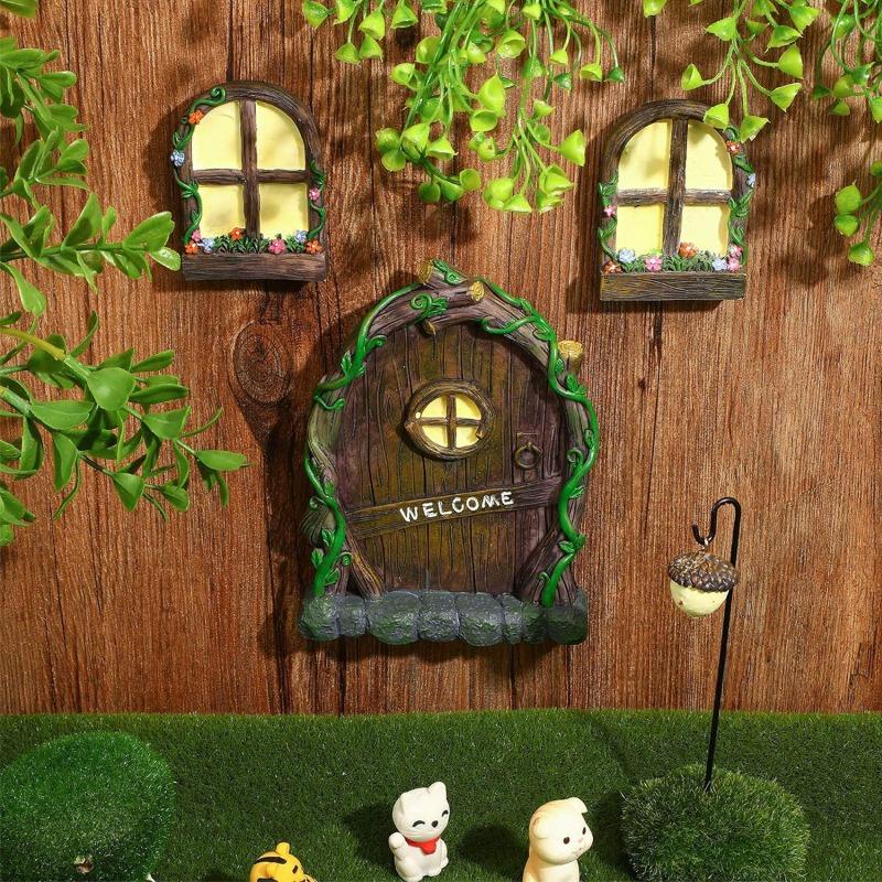 Resin Luminous Door and Window Hangers Set, Outdoor Garden Fairy Fairy Door Tree Hanging, Micro-landscape Wall Hanging Decoration