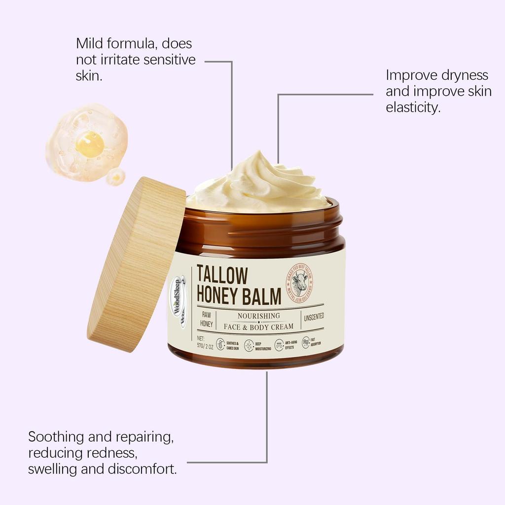 Woodsleep Natural Tallow Honey Balm Deep Moisturizing Soothing Repair Dry Sensitive Skin Non Greasy Facial Body Daily Care 57g
