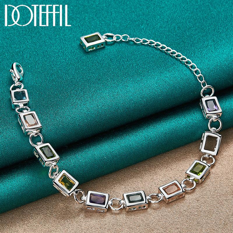 

DOTEFFIL 925 Silver Square inlaid With Multi-color AAA Zircon Bracelet Chain For Woman Engagement Party Wedding Jewelry 20cm