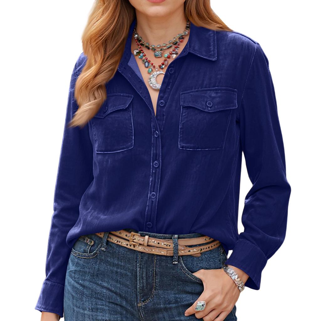 Women's Fashionable Casual Solid Color Retro Long-Sleeved Velvet Shirt
