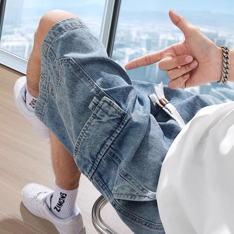 Men s American Workwear Denim Shorts - Summer Trendy Loose Mid-Length Casual Pants M синий