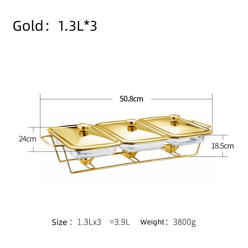 Restaurant Buffet Stove Chaffing Dish Golden Rectangular Three-Grid Glass Dining Stove Glass Heating Container