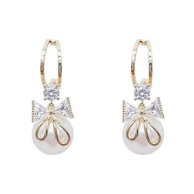 Cute Korean Zircon Crystal Pearl Drop Earring Hoops for Women & Girls