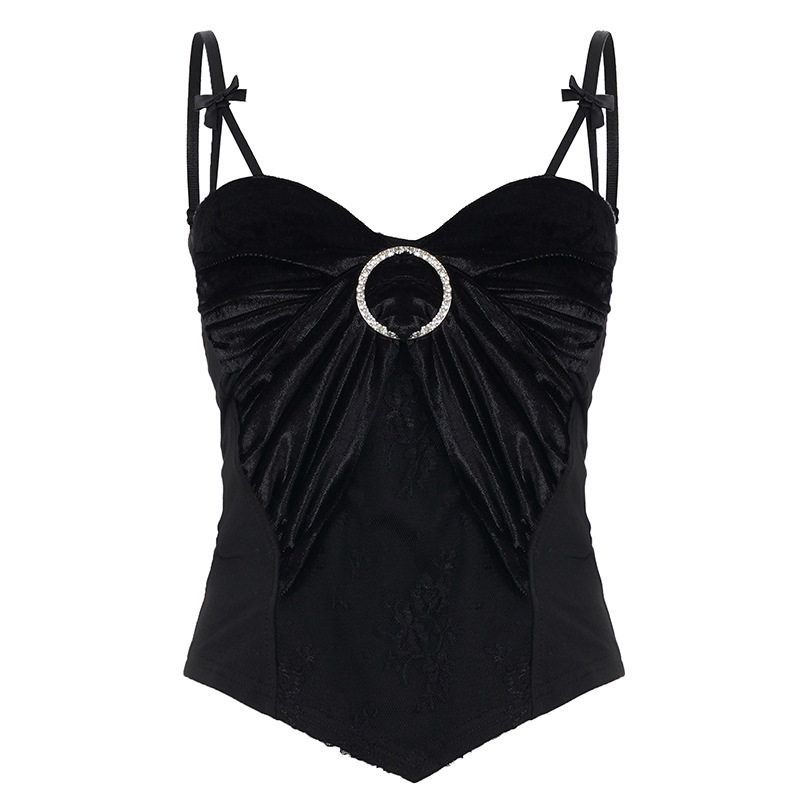 

2026 Spring/Summer New Black Velvet Lace Bowknot Camisole with Built-In Bra and Beautiful Back Design Sleeveless Top for Women Black S