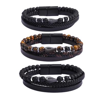 Mehrschichtiges geflochtenes Lederarmband für Herren mit Naturstein- und Legierungsperlen-Akzenten
