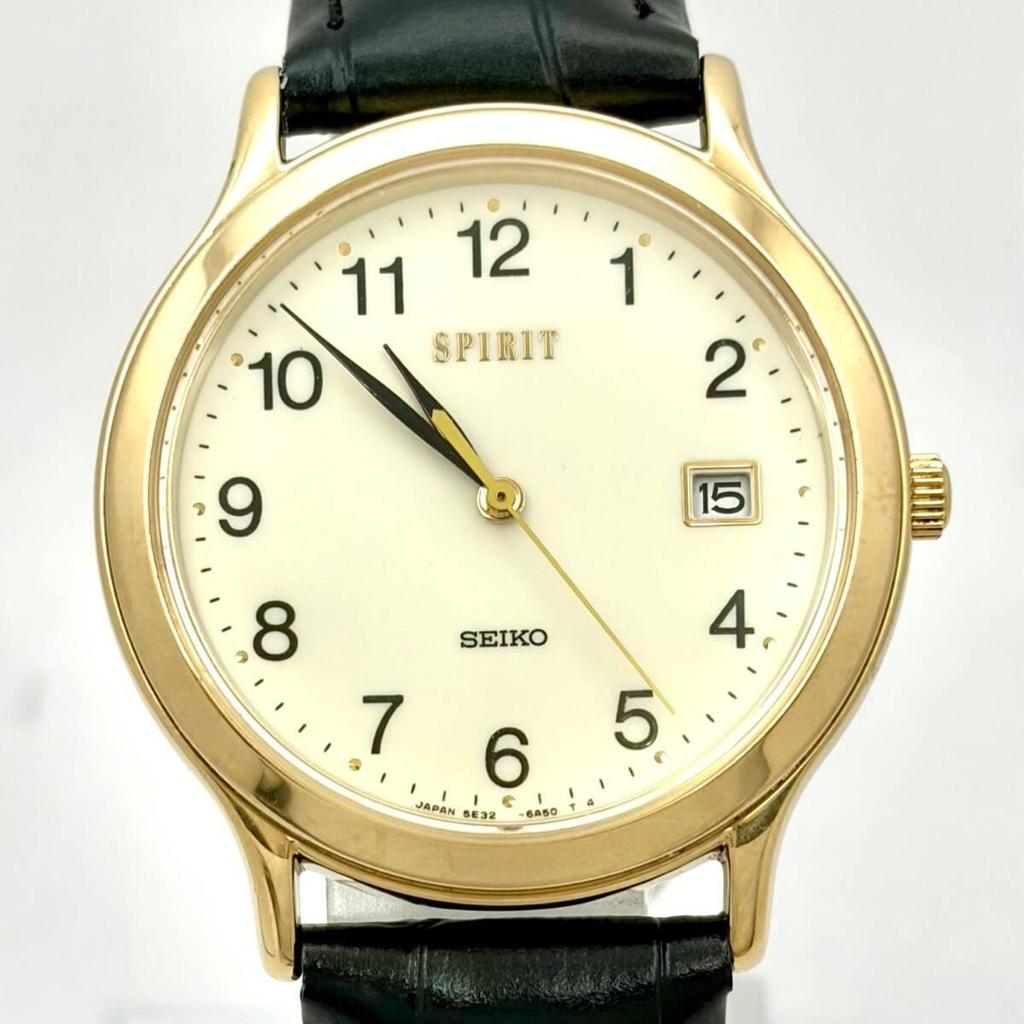 [New Battery] SEIKO SPIRIT Men's Watch Gold Date 5E32-6A3A 390154 New Belt
