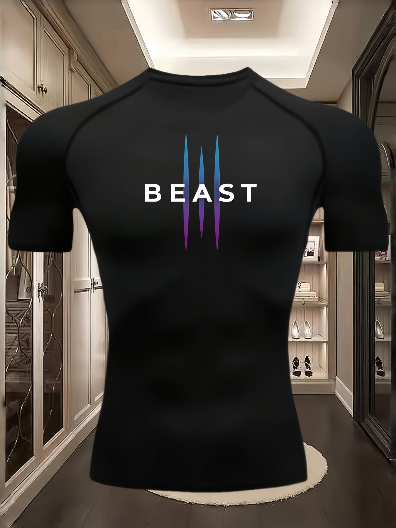 Men s Light Blue  BEAST  Gradient Print Compression T-Shirt, Elastic Quick Dry Breathable Gym Workout & Sports Training Top S чёрный