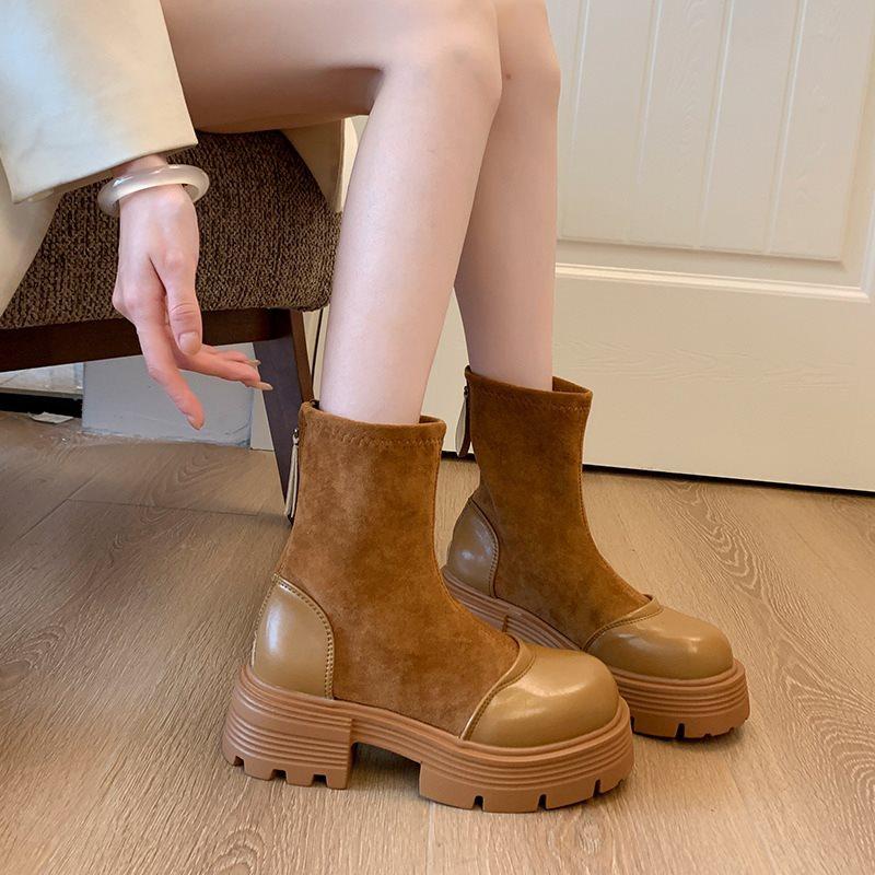Rear zipper retro Martin boots women's autumn and winter new suede British style heightening short boots thick sole elastic thin