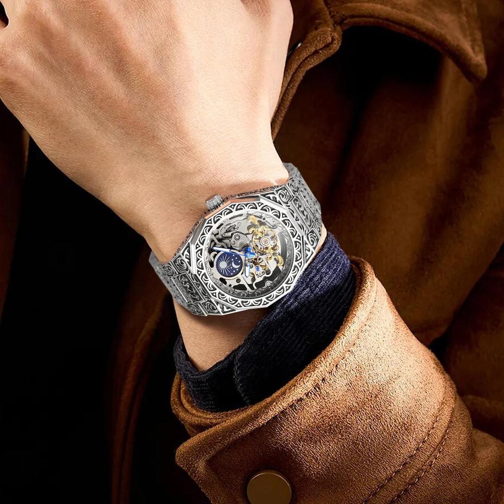 FORSINING Mens Luxury Engraving Wrist Watches Unique Tattoo Pattern Carved Stainless Steel Band Luminous Automatic Skeleton Watch