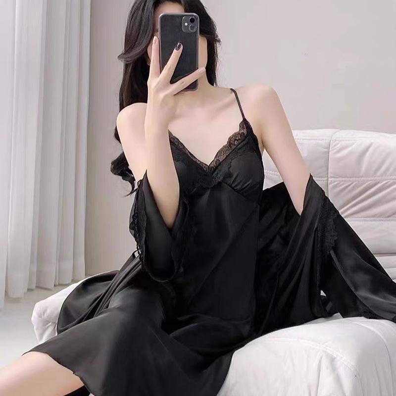 1011 new ice silk suspender nightgown women's casual long-sleeved high-end lace loungewear set