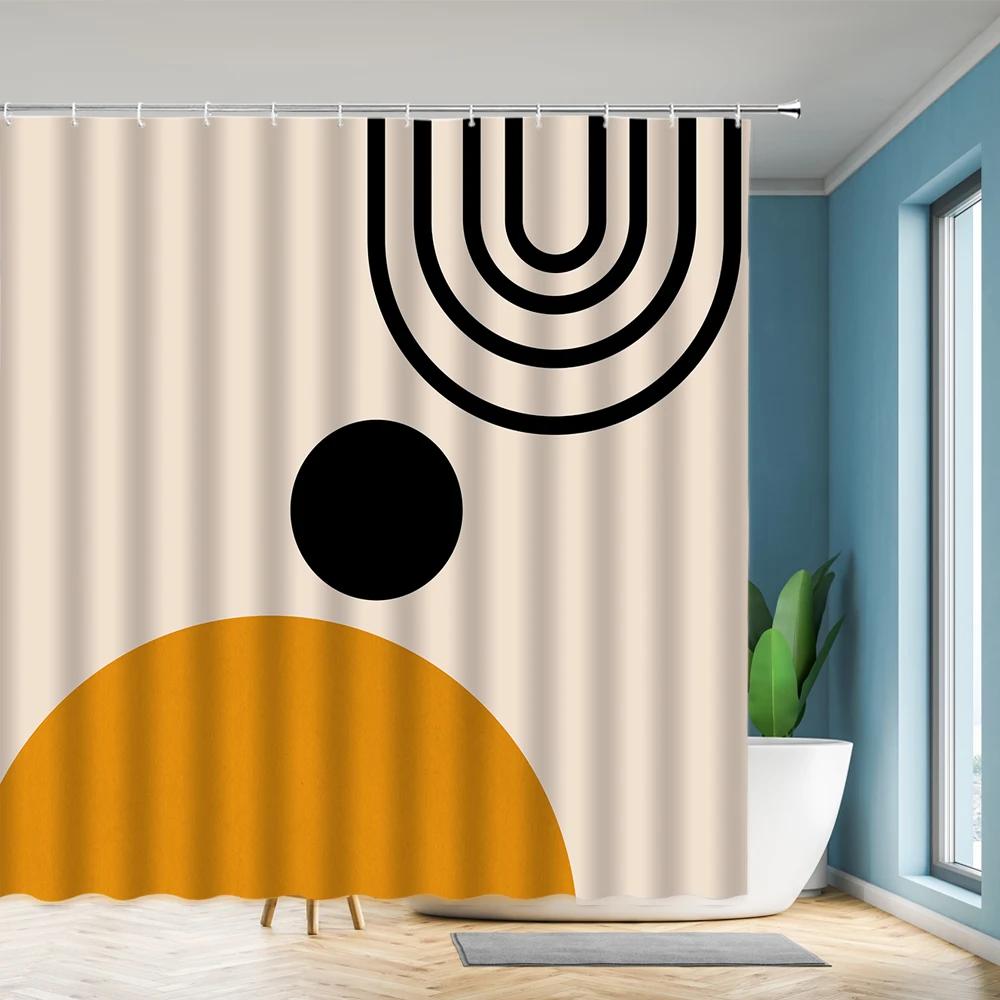 Abstract Neutral Leaves Simple Bathroom Shower Curtain Mid Century Sun Minimalist Modern Polyester Fabric Decor Bathroom Curtain