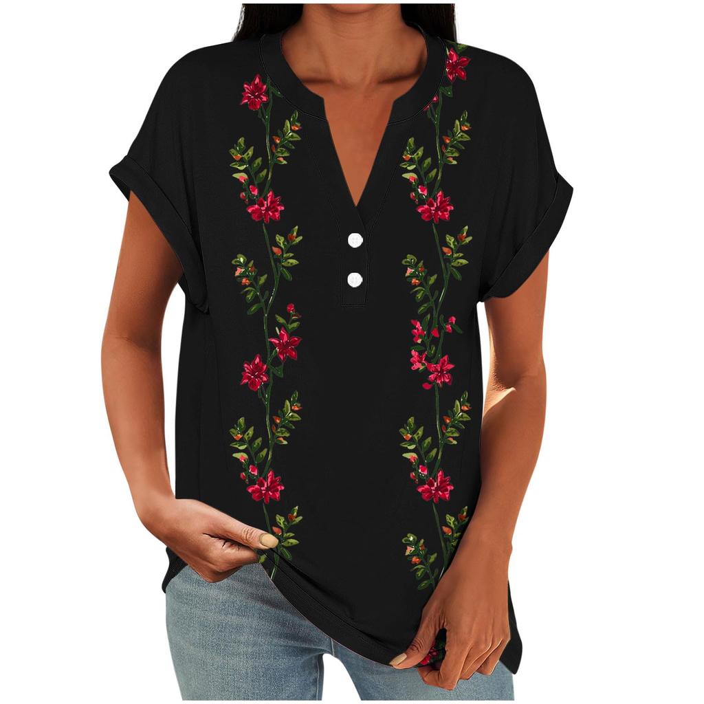 Women Casual Loose Fit Short Sleeve V Neck Button Floral Print Top Lightweight Summer Blouse