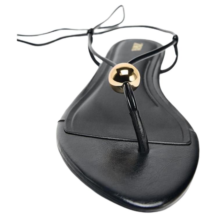 Zara Pu Fashionable Comfortable Metallic Embellished Flat One Strap Sandals 1Cm Women Sandals Black 3614510800