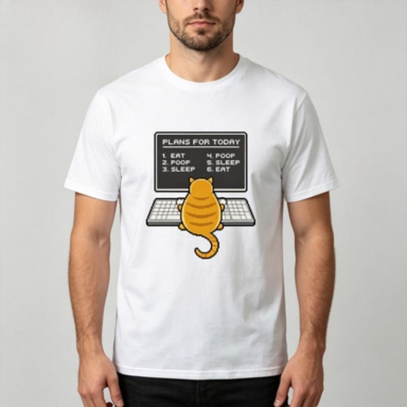 Soft Cotton Unisex Tshirt Funny Cat Computer Daily Schedule Art Print Oneck Trendy Pet Owner Casual Daily Outfit Tops