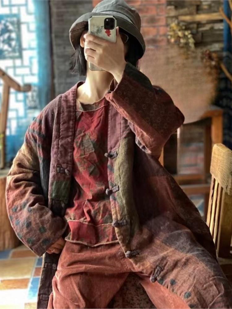 Johnature Women Patchwork Loose Long Coats