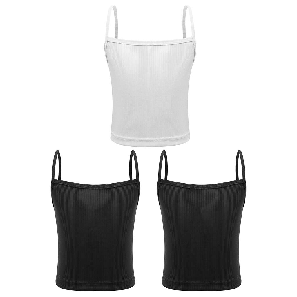 Set da 3 pezzi per bambine: canottiera a costine, top corto senza maniche con spalline sottili, tinta unita, per sport e allenamento di danza