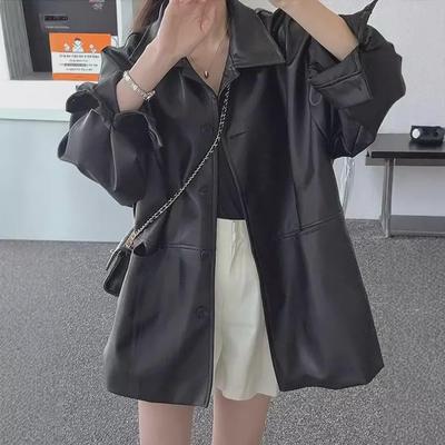 Korean Style Women's Trendy Lapel Motorcycle Leather Jacket - Autumn Loose Fit Cardigan Top