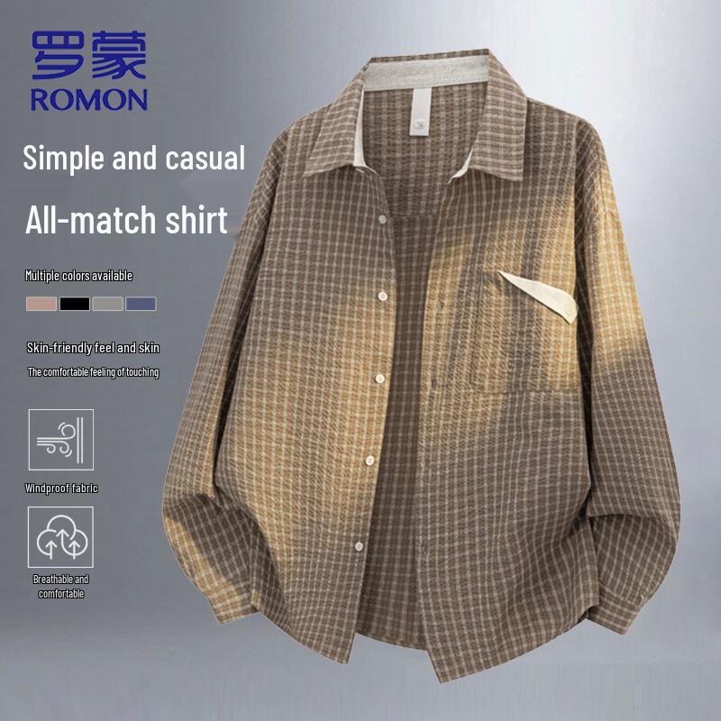 ROMON Men's Plaid Long Sleeve Casual Shirt