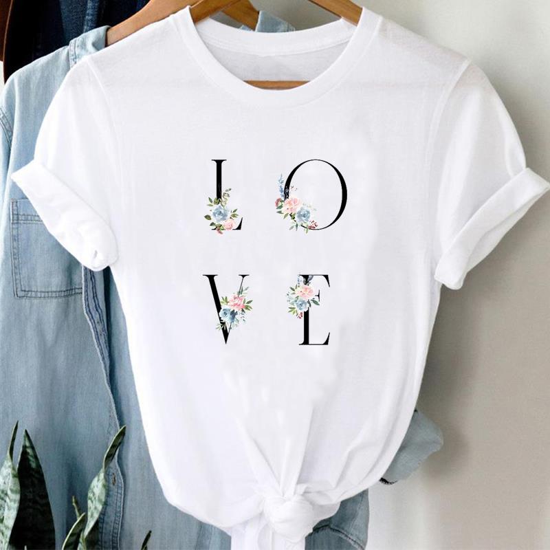 (European Size) 90s Top T Shirt Watercolor Love Heart Trend Cute Fashion Casual Clothing T-Shirt Sleeve Women Print Lady Female O-neck Graphic T-shirt