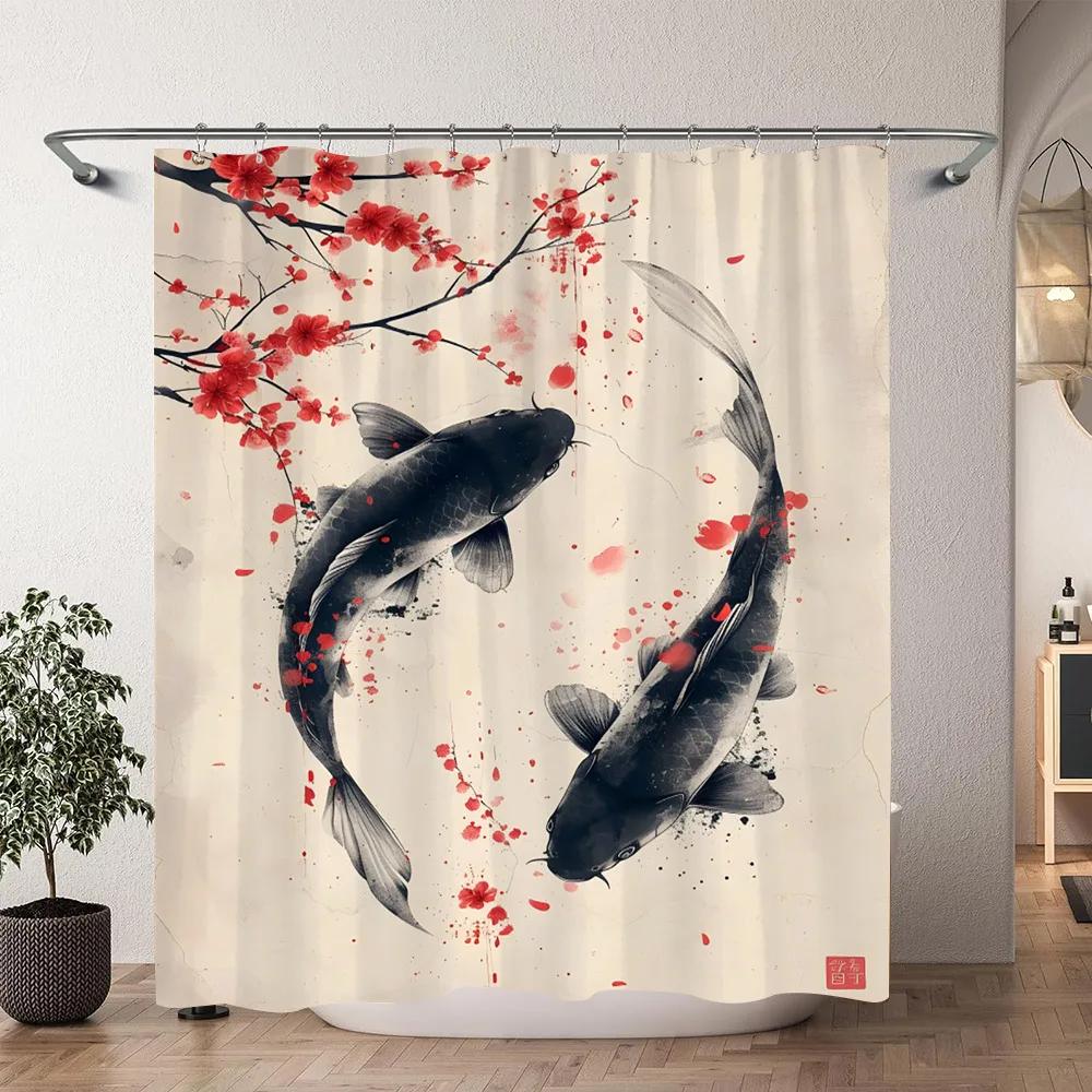 Japanese Cherry Blossom Watercolour Print Shower Curtain Koi Waves Chinese Ink Painting Polyester Shower Curtains Bathroom Decor