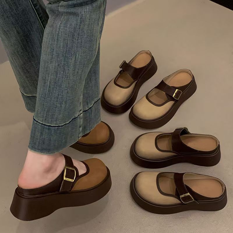 Japanese retro versatile heightening round head baotou drag 2025 winter new dopamine platform Mary Jane single shoes women