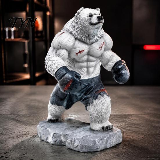 Fitness Bear Statue Resin Boxing Figurine, Muscle for Desk Decor, Realistic Brown White Sculpture Office and Home