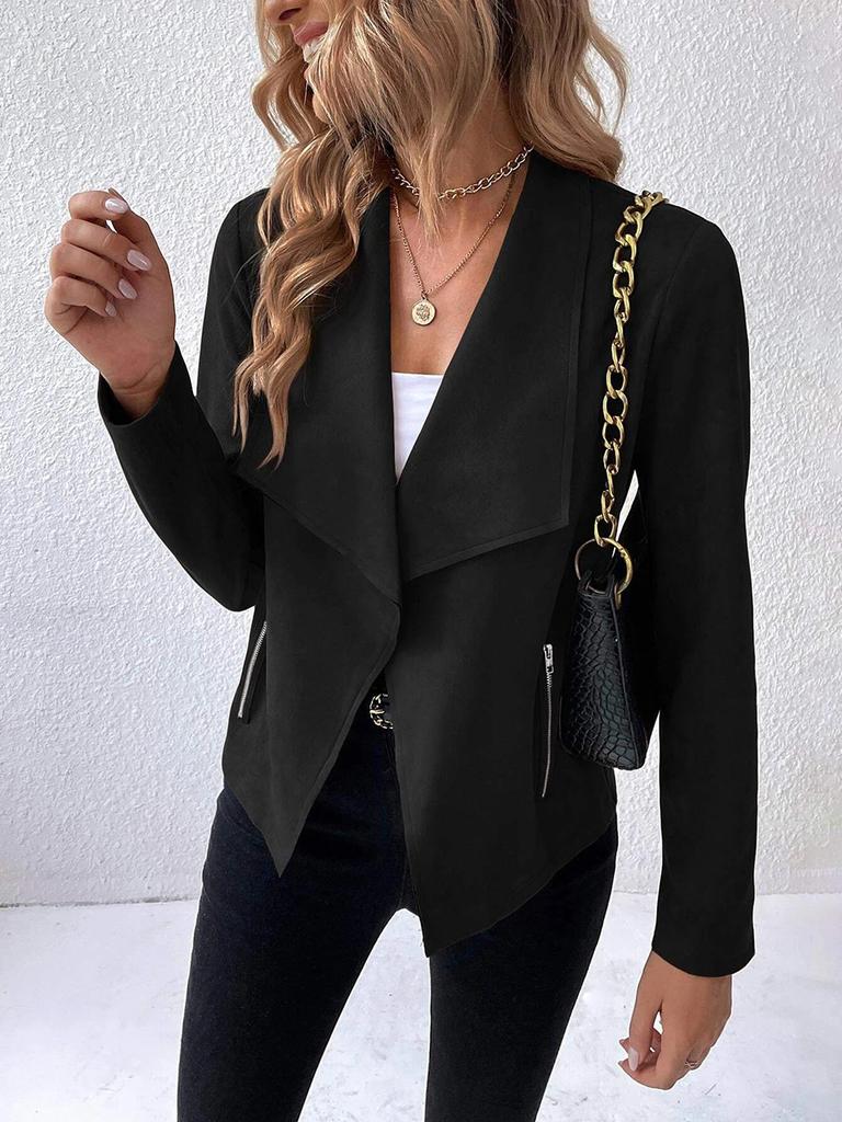 Women's Faux Suede Asymmetrical Lapel Short Jacket with Zip Detail in Brown, Beige, Dark Green & Black