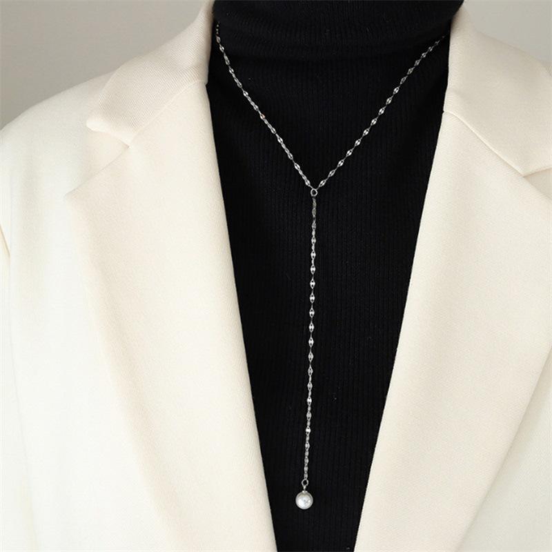 14K Gold Titanium Steel Y-Shaped Necklace with Faux Pearl Pendant - Elegant Women's Clavicle Chain