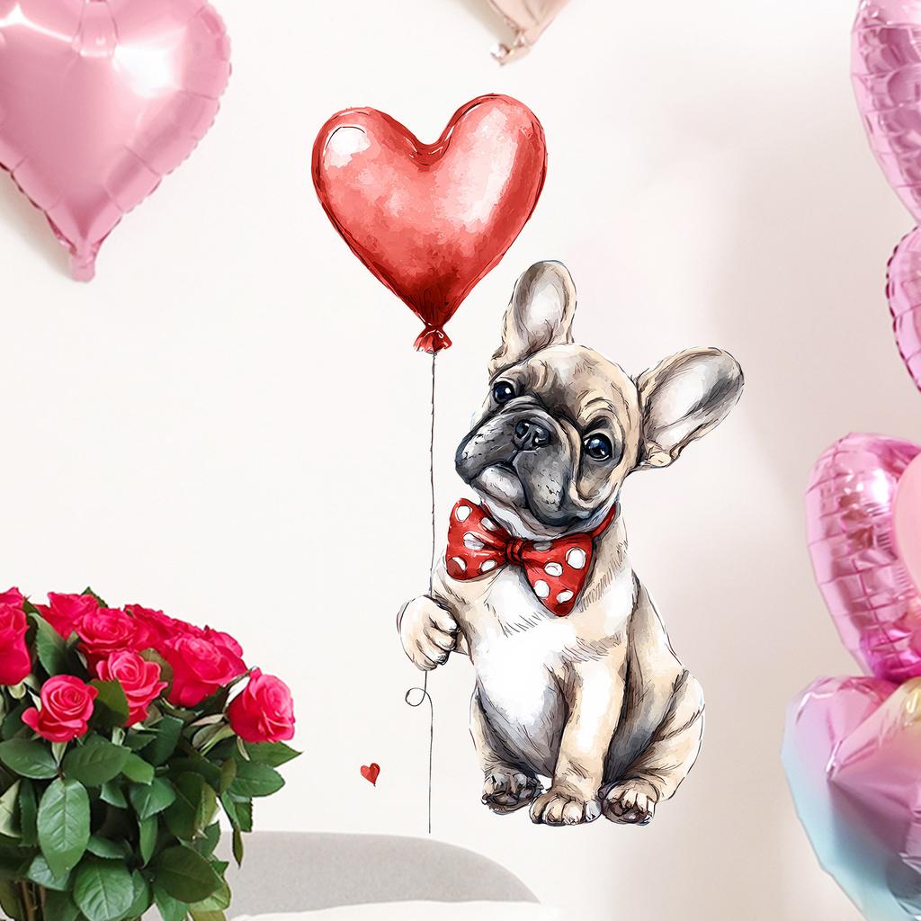 Aquarell Valentinstag Hund mit Ballons Wandaufkleber Selbstklebend Abnehmbar für Schlafzimmer Wohnzimmer Eingangsbereich Heimdekoration