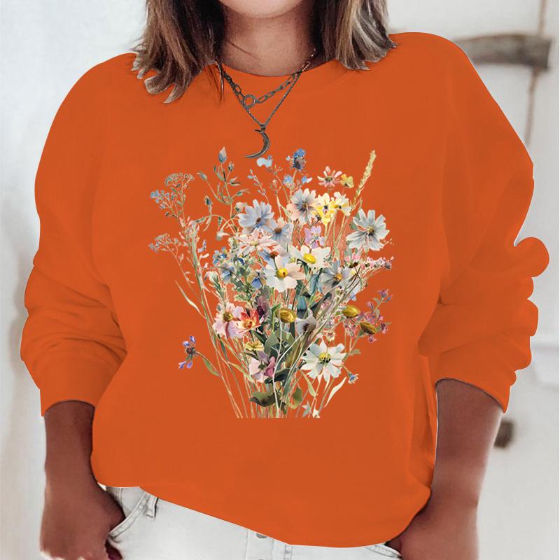 New Flower Hoodies Women Floral Oil Painting Y2K Sudaderas Long Sleeve Round Neck Vintage Boho Wild Flower Woman Sweatshirts