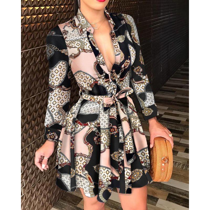 Women's Long Sleeve V-neck Lace up Sexy Print Dress