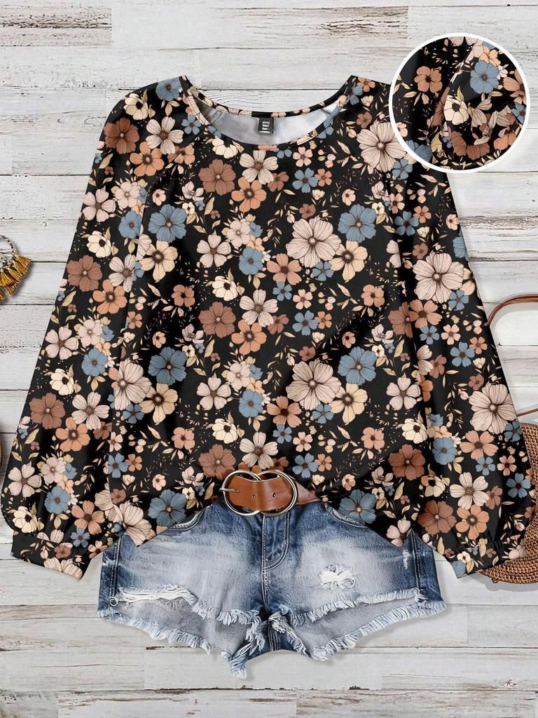 European & American Plus Size Floral Elegant Casual Loose Round Neck Women's Top