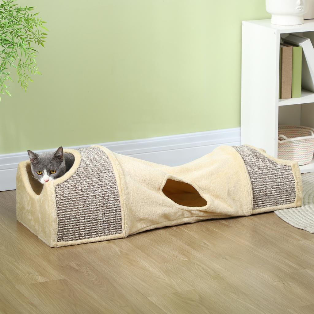 Cat Tunnel with 3 Openings, Plush, Sisal Scratching Rope, 107x38x29 cm, Beige/Grey