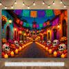 2D Flag for the Mexican Day of the Dead Theme Banner Background, Painted Patterns of Skulls Combined with marigolds.PMJ